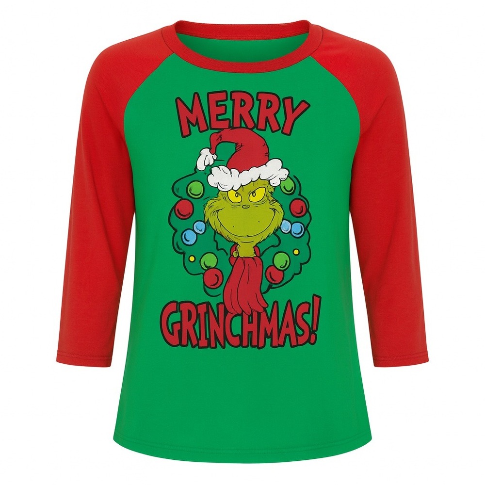 Merry Grinchmas Long Sleeve Raglan Tee Size S Dr Suess‎ Holiday Shirt Sleep Top
